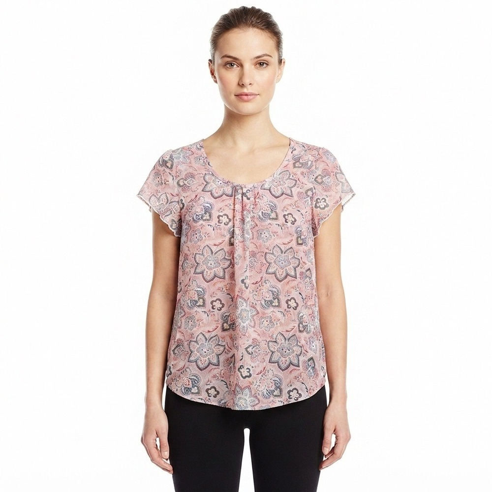 Lovecrazy Blouse Womens Small Pink Paisley Floral Short Sleeve Keyhole